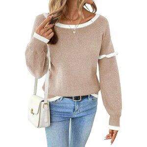 Womens Ruffle Crewneck Sweater Off Shoulder Color Block Fall Winter Knit